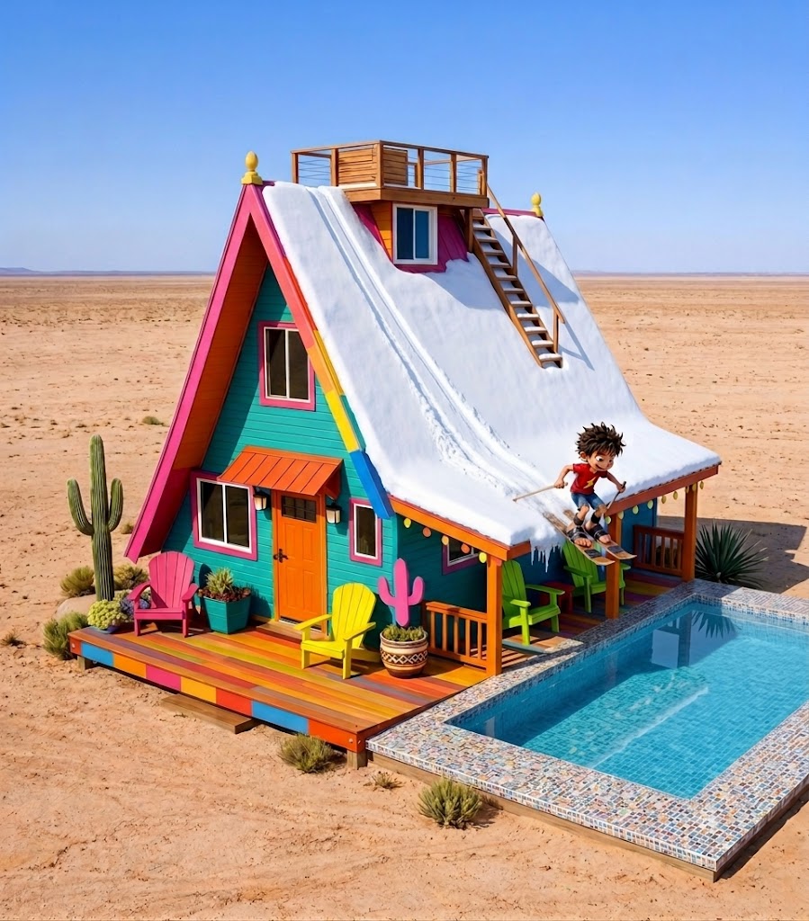 Foot Foot skiing down the roof of his house in the desert.