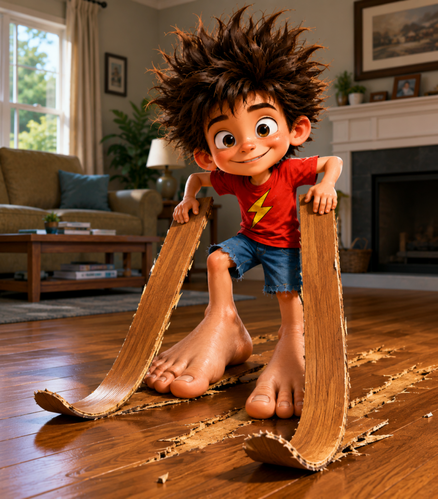 Foot Foot ripping up floor boards to make skis.