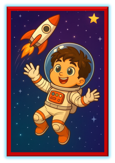 Prince Max as an astronaut floating in space near a rocket ship.