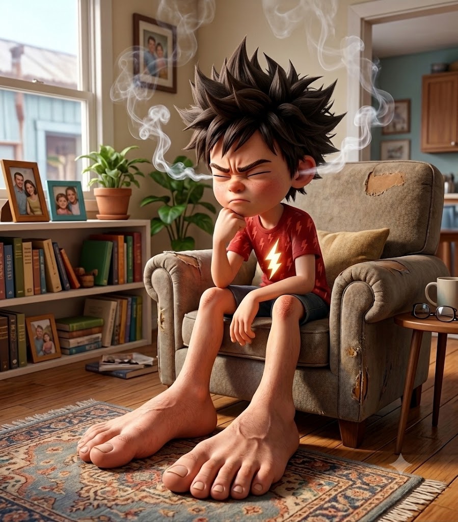 Foot Foot thinking with smoke coming out of his ears.