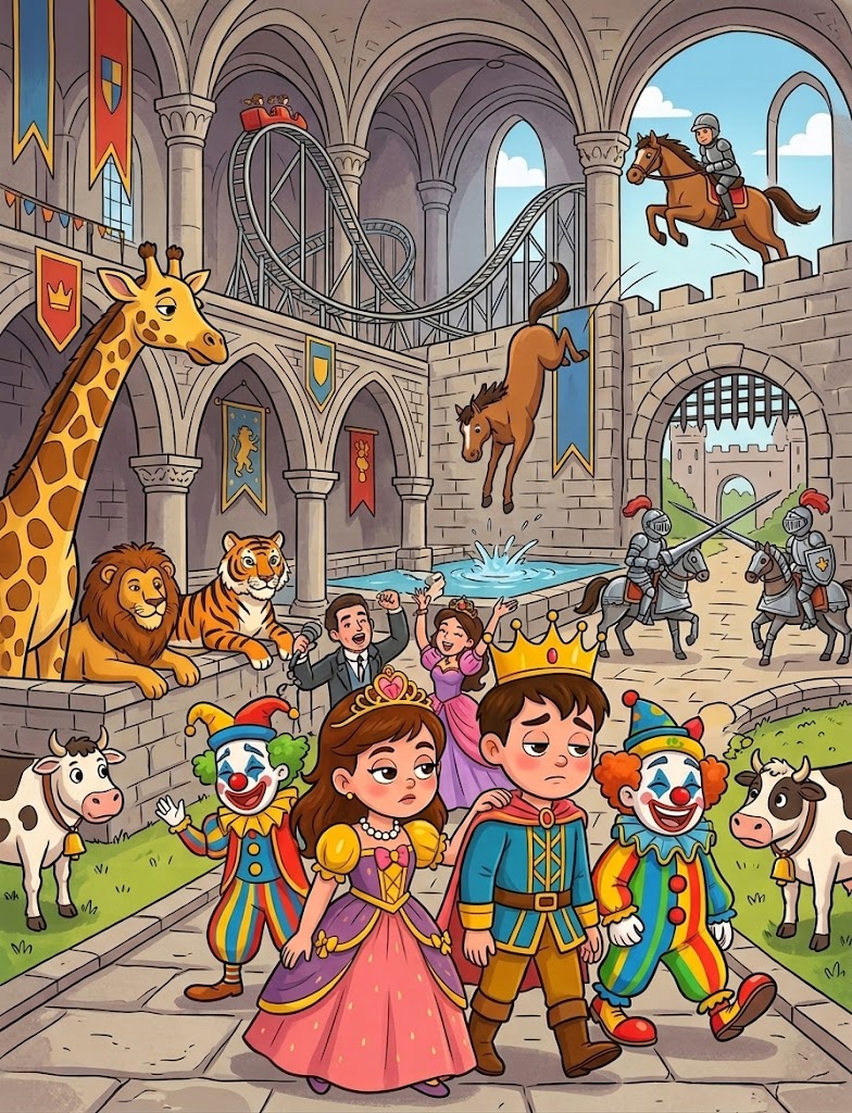 Princess Emily and Prince Max walking sadly past all of the fun activity in the castle.