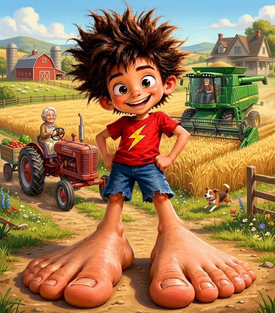 Foot Foot standing on the farm with his grandparents driving farm equipment.